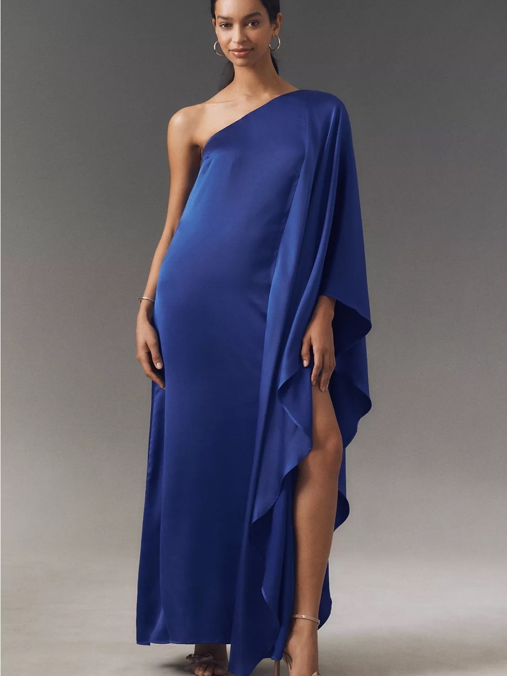 Anthropologie BHLDN Tiana One-Shoulder Blue Satin Kaftan Maxi Dress size large